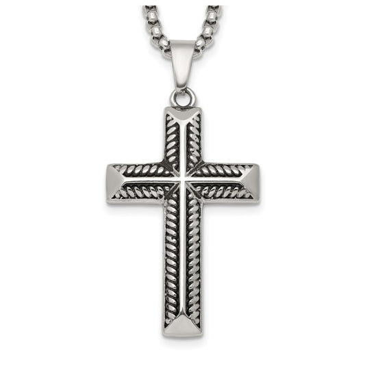 Stainless Steel Antiqued and Polished Cross 24in Necklace – Elegant Jewelry Gift for Birthday, Anniversary, Engagement, Wedding