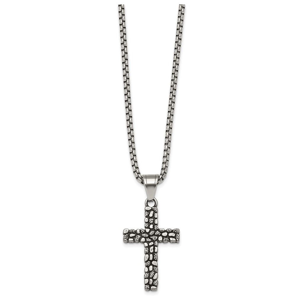 Stainless Steel Antiqued and Polished Textured Cross 24in Necklace – Elegant Jewelry Gift for Birthday, Anniversary, Engagement, Wedding