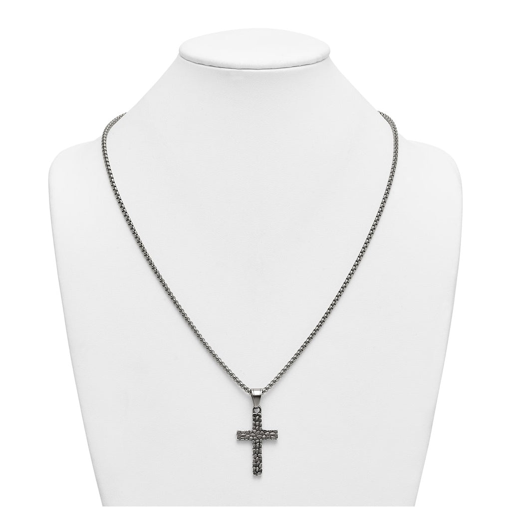 Stainless Steel Antiqued and Polished Textured Cross 24in Necklace – Elegant Jewelry Gift for Birthday, Anniversary, Engagement, Wedding