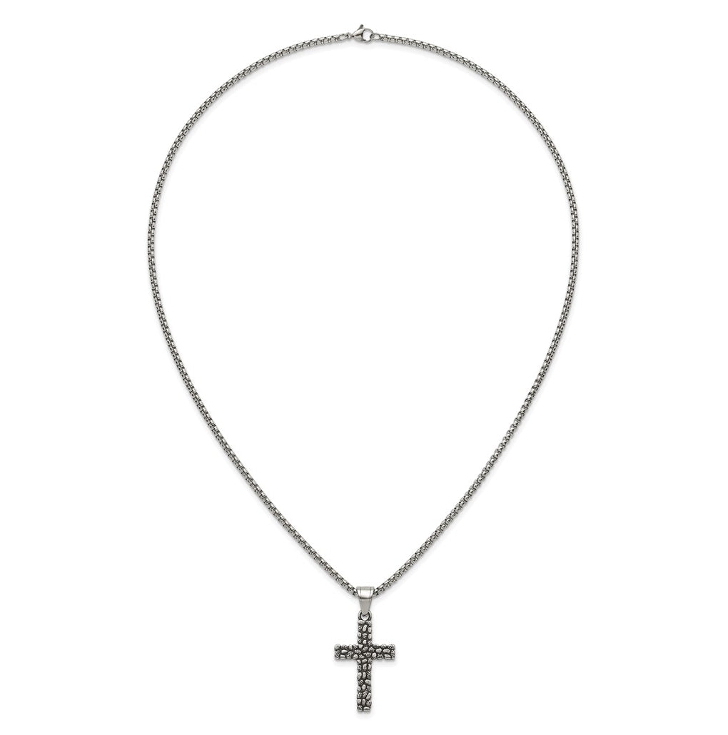 Stainless Steel Antiqued and Polished Textured Cross 24in Necklace – Elegant Jewelry Gift for Birthday, Anniversary, Engagement, Wedding