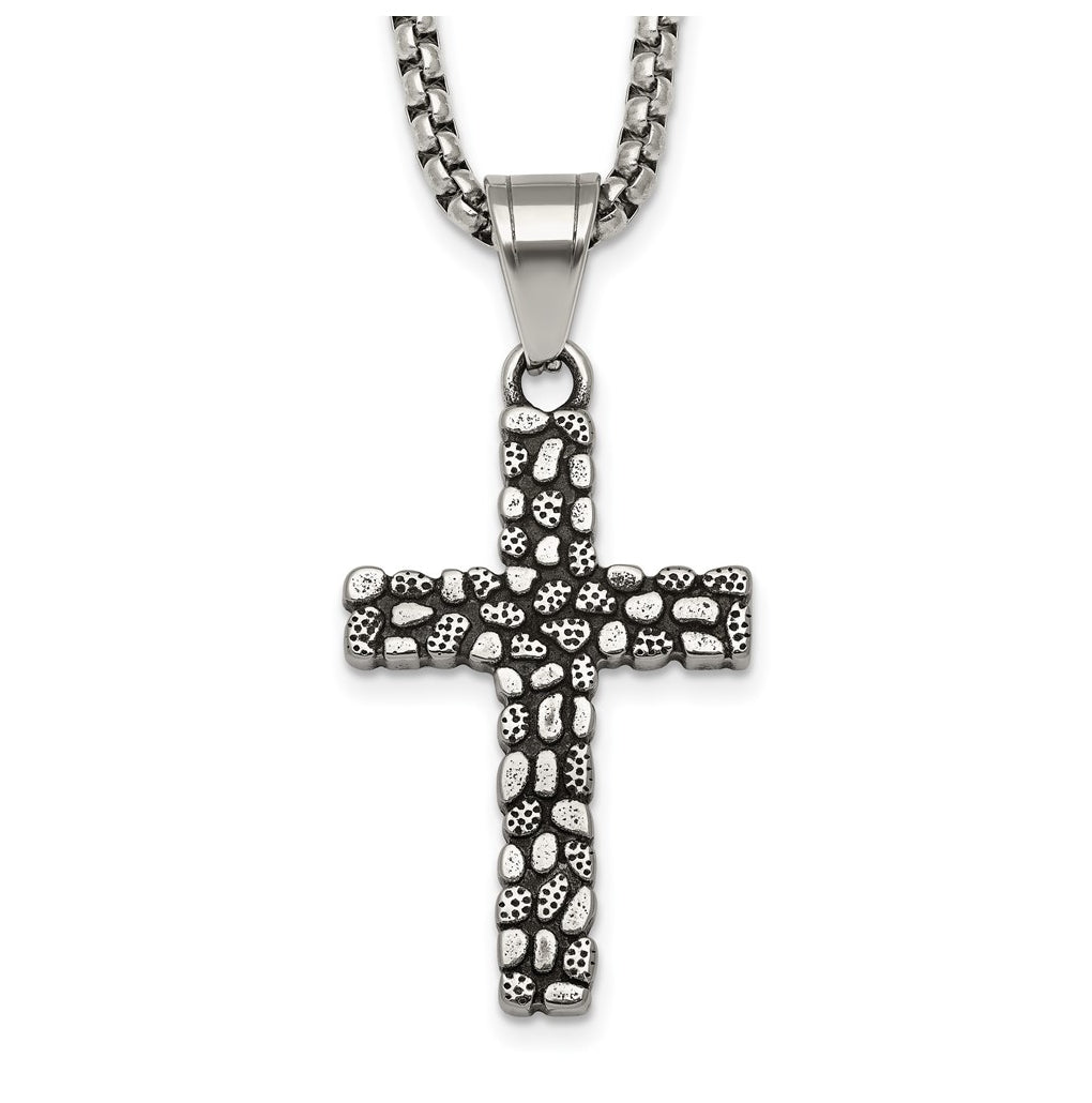 Stainless Steel Antiqued and Polished Textured Cross 24in Necklace – Elegant Jewelry Gift for Birthday, Anniversary, Engagement, Wedding