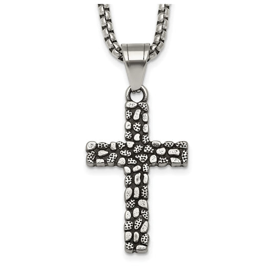 Stainless Steel Antiqued and Polished Textured Cross 24in Necklace – Elegant Jewelry Gift for Birthday, Anniversary, Engagement, Wedding