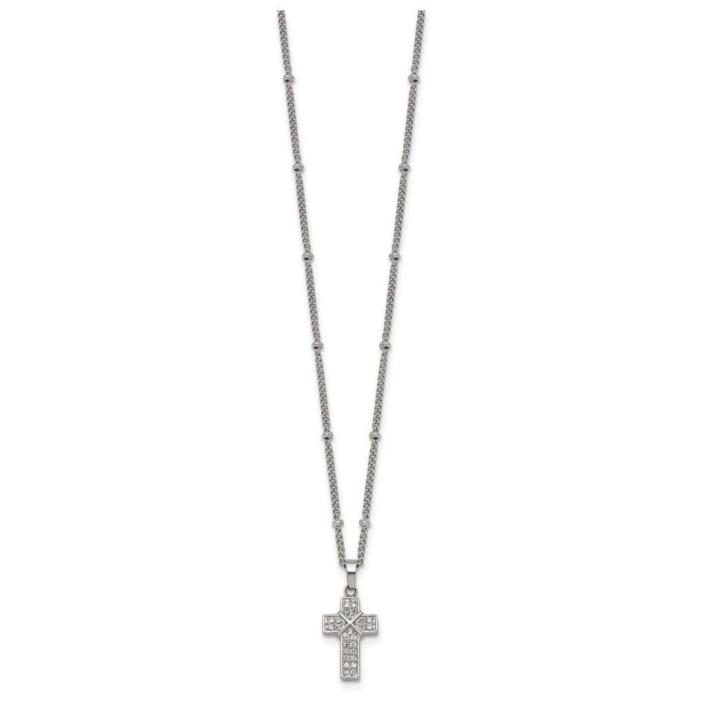 Stainless Steel Polished Cubic Zirconia Cross 18in with 1.75in ext. Beaded Chain Necklace – Elegant Jewelry Gift for Birthday, Anniversary, Engagement, Wedding
