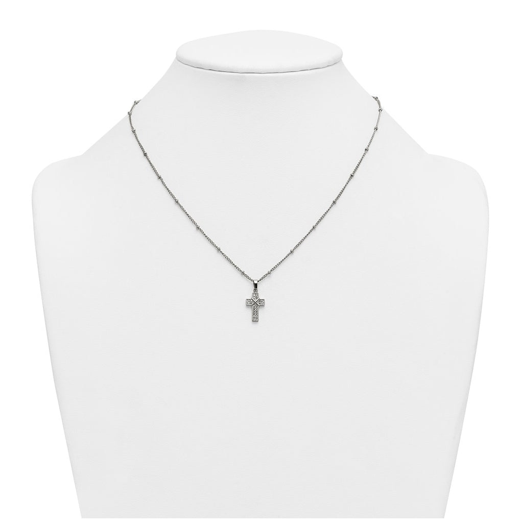 Stainless Steel Polished Cubic Zirconia Cross 18in with 1.75in ext. Beaded Chain Necklace – Elegant Jewelry Gift for Birthday, Anniversary, Engagement, Wedding