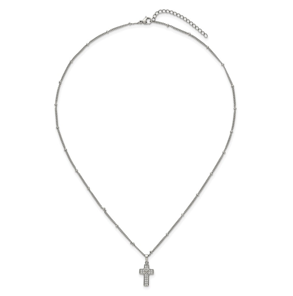 Stainless Steel Polished Cubic Zirconia Cross 18in with 1.75in ext. Beaded Chain Necklace – Elegant Jewelry Gift for Birthday, Anniversary, Engagement, Wedding