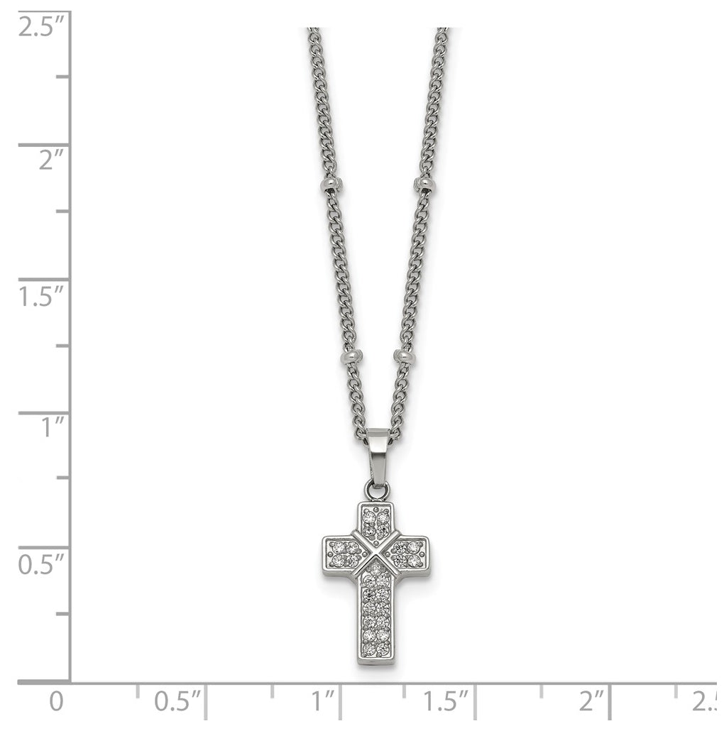 Stainless Steel Polished Cubic Zirconia Cross 18in with 1.75in ext. Beaded Chain Necklace – Elegant Jewelry Gift for Birthday, Anniversary, Engagement, Wedding