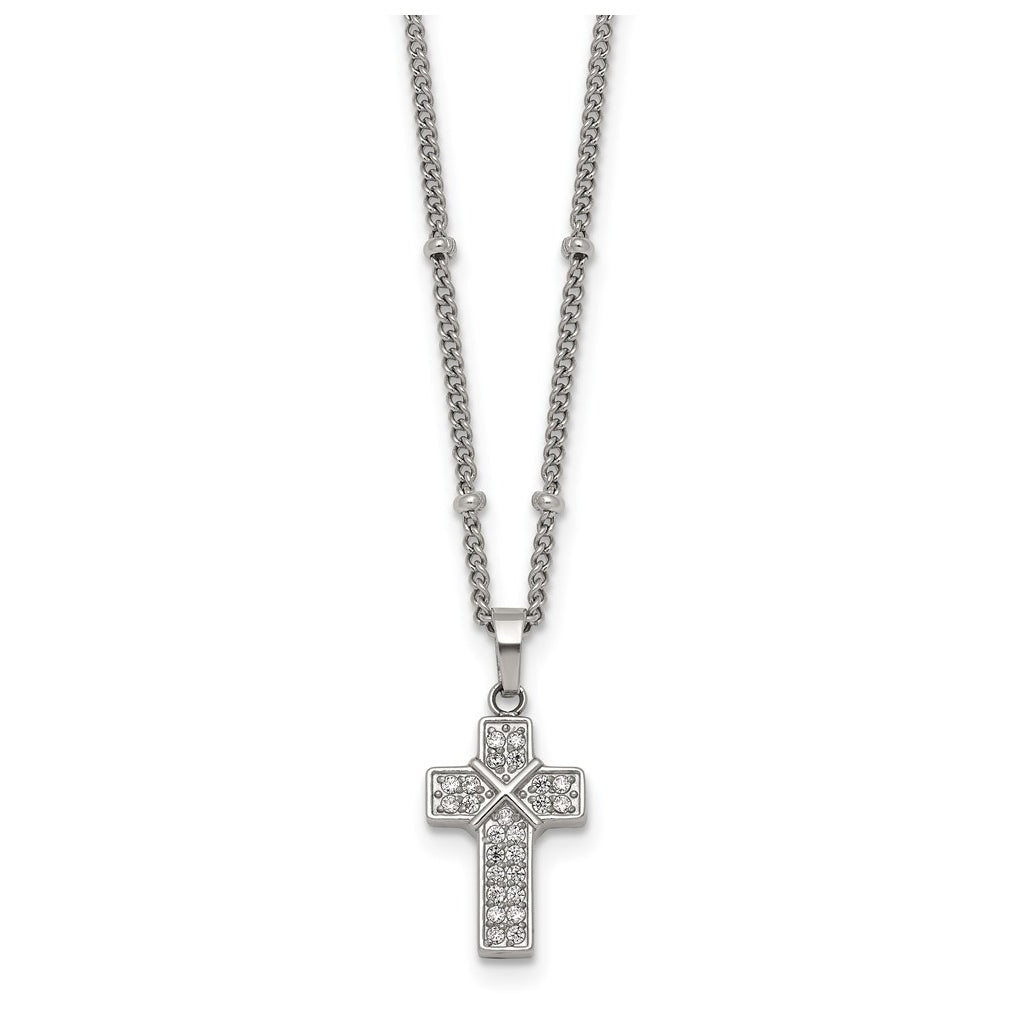 Stainless Steel Polished Cubic Zirconia Cross 18in with 1.75in ext. Beaded Chain Necklace – Elegant Jewelry Gift for Birthday, Anniversary, Engagement, Wedding