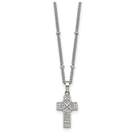 Stainless Steel Polished Cubic Zirconia Cross 18in with 1.75in ext. Beaded Chain Necklace – Elegant Jewelry Gift for Birthday, Anniversary, Engagement, Wedding
