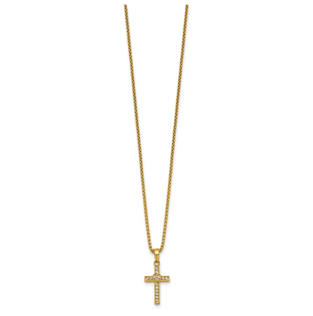 Stainless Steel Polished Yellow IP Cubic Zirconia Cross with Heart 18in with 2in ext Necklace – Elegant Jewelry Gift for Birthday, Anniversary, Engagement, Wedding