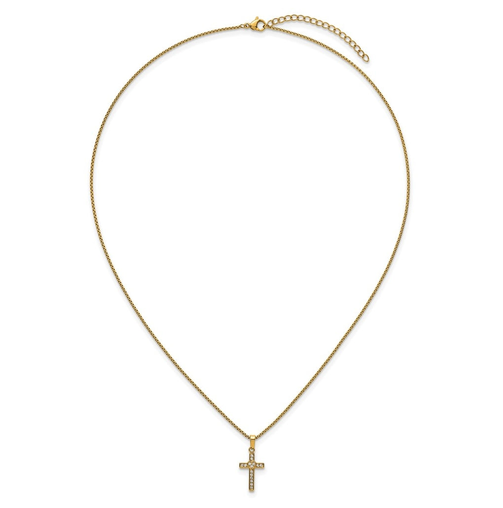 Stainless Steel Polished Yellow IP Cubic Zirconia Cross with Heart 18in with 2in ext Necklace – Elegant Jewelry Gift for Birthday, Anniversary, Engagement, Wedding