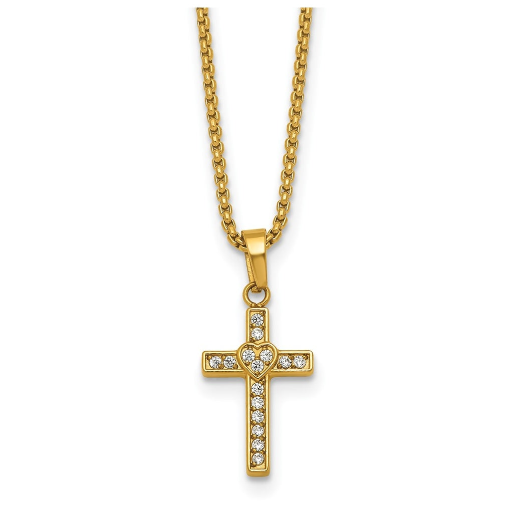Stainless Steel Polished Yellow IP Cubic Zirconia Cross with Heart 18in with 2in ext Necklace – Elegant Jewelry Gift for Birthday, Anniversary, Engagement, Wedding