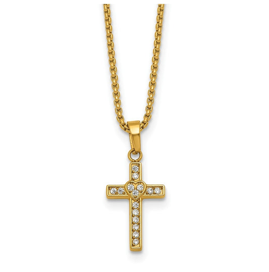 Stainless Steel Polished Yellow IP Cubic Zirconia Cross with Heart 18in with 2in ext Necklace – Elegant Jewelry Gift for Birthday, Anniversary, Engagement, Wedding