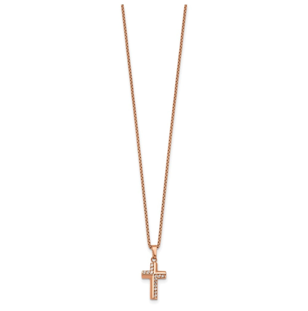 Stainless Steel Polished Rose IP Cubic Zirconia Cross 18in with 1.75in ext. Necklace – Elegant Jewelry Gift for Birthday, Anniversary, Engagement, Wedding