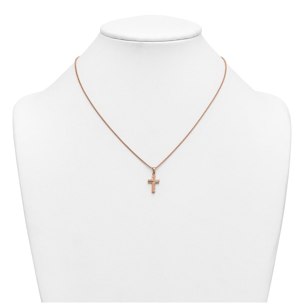 Stainless Steel Polished Rose IP Cubic Zirconia Cross 18in with 1.75in ext. Necklace – Elegant Jewelry Gift for Birthday, Anniversary, Engagement, Wedding