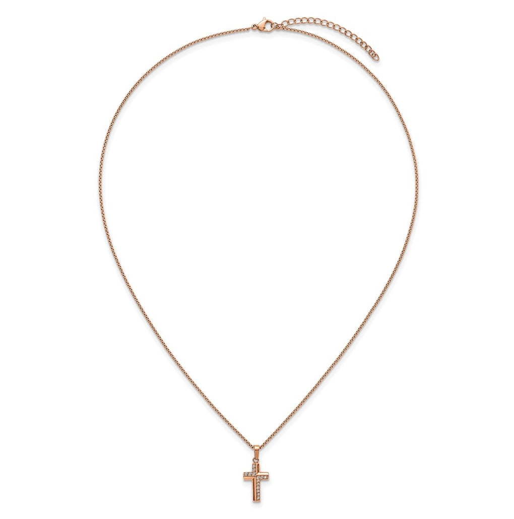 Stainless Steel Polished Rose IP Cubic Zirconia Cross 18in with 1.75in ext. Necklace – Elegant Jewelry Gift for Birthday, Anniversary, Engagement, Wedding