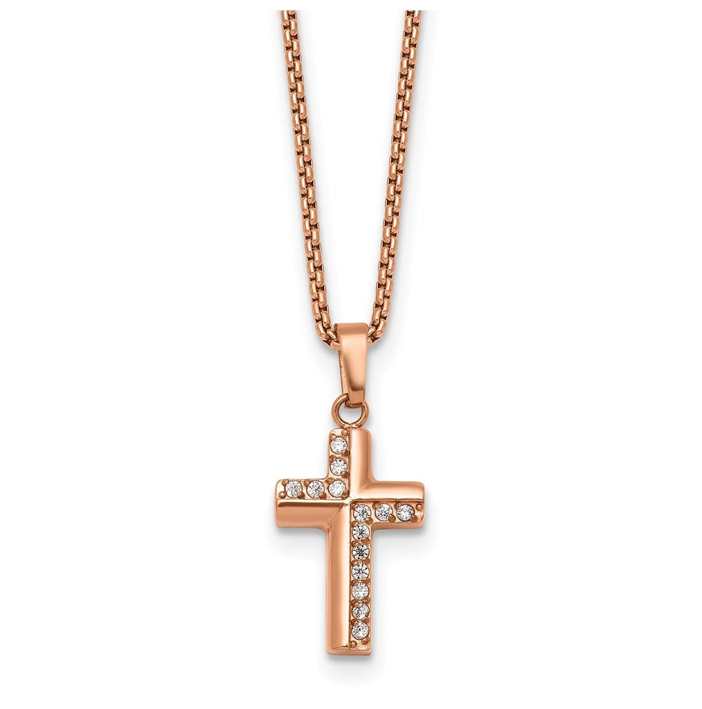 Stainless Steel Polished Rose IP Cubic Zirconia Cross 18in with 1.75in ext. Necklace – Elegant Jewelry Gift for Birthday, Anniversary, Engagement, Wedding