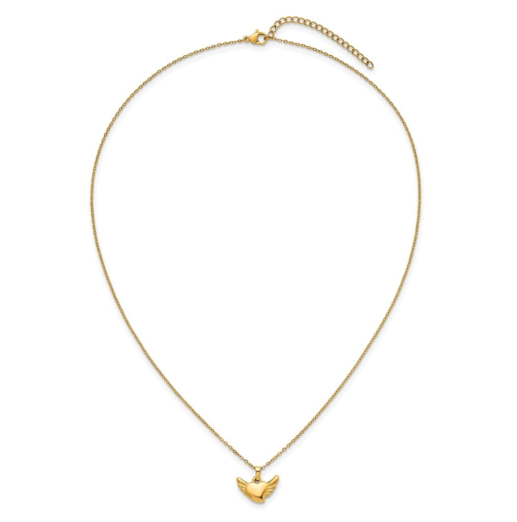Stainless Steel Polished Yellow IP Heart with Wings 18in with 1.75in ext Necklace – Elegant Jewelry Gift for Birthday, Anniversary, Engagement, Wedding