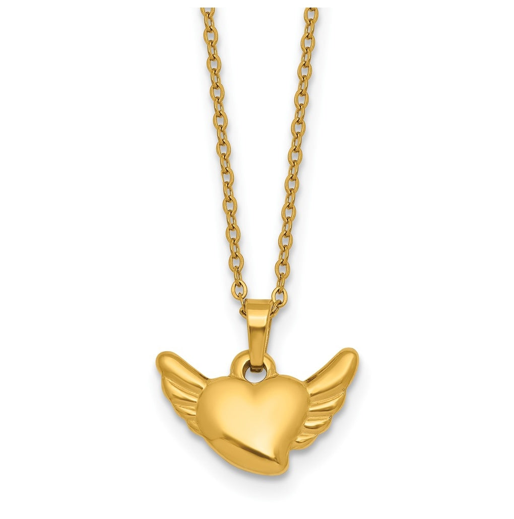 Stainless Steel Polished Yellow IP Heart with Wings 18in with 1.75in ext Necklace – Elegant Jewelry Gift for Birthday, Anniversary, Engagement, Wedding