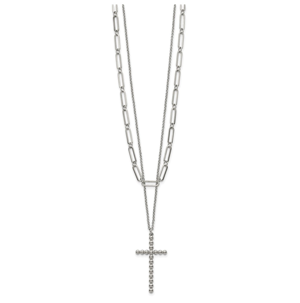 Stainless Steel Polished Beaded Cross 2-Strand 22in with 1.75in ext. Necklace – Elegant Jewelry Gift for Birthday, Anniversary, Engagement, Wedding
