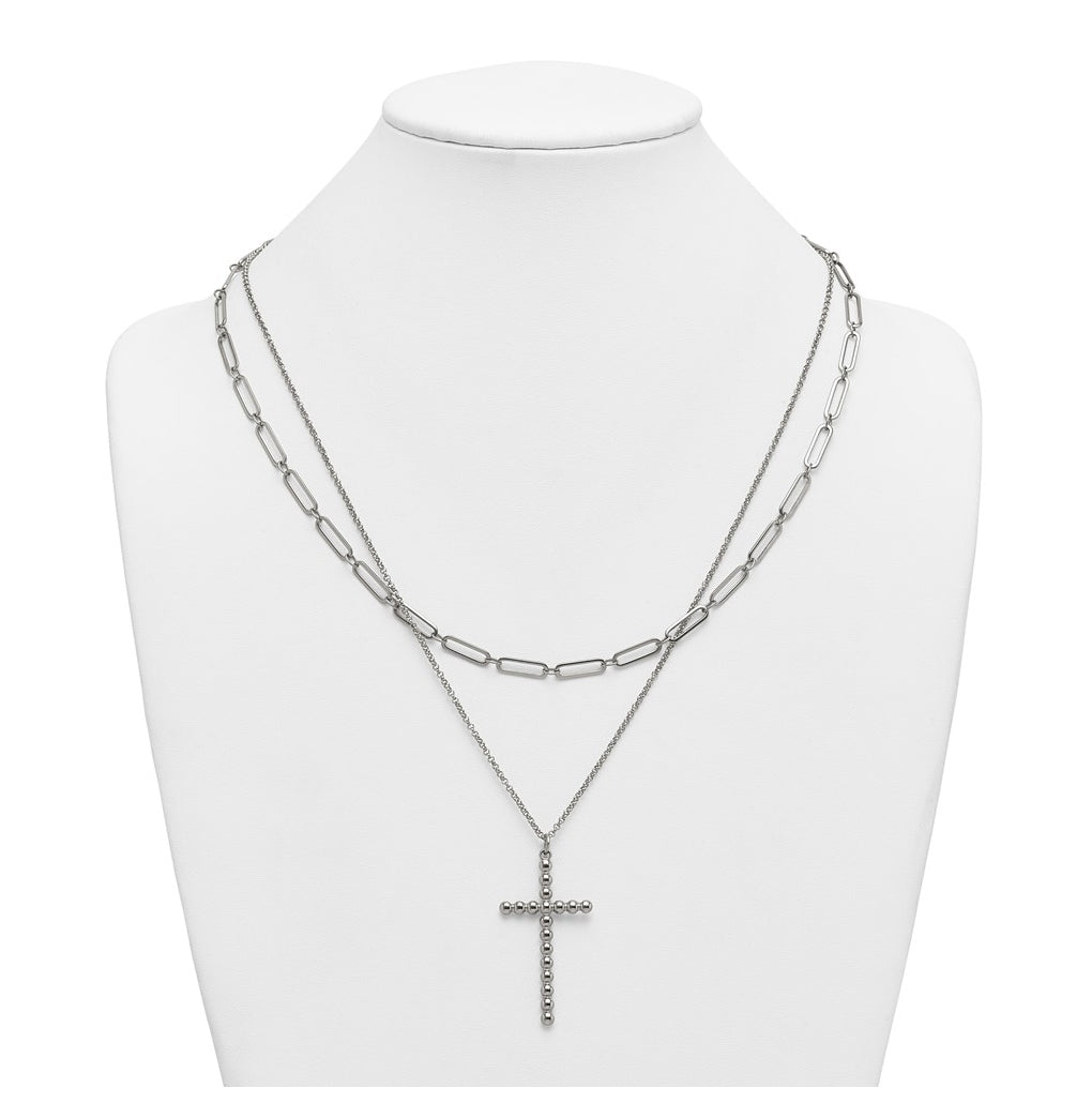 Stainless Steel Polished Beaded Cross 2-Strand 22in with 1.75in ext. Necklace – Elegant Jewelry Gift for Birthday, Anniversary, Engagement, Wedding