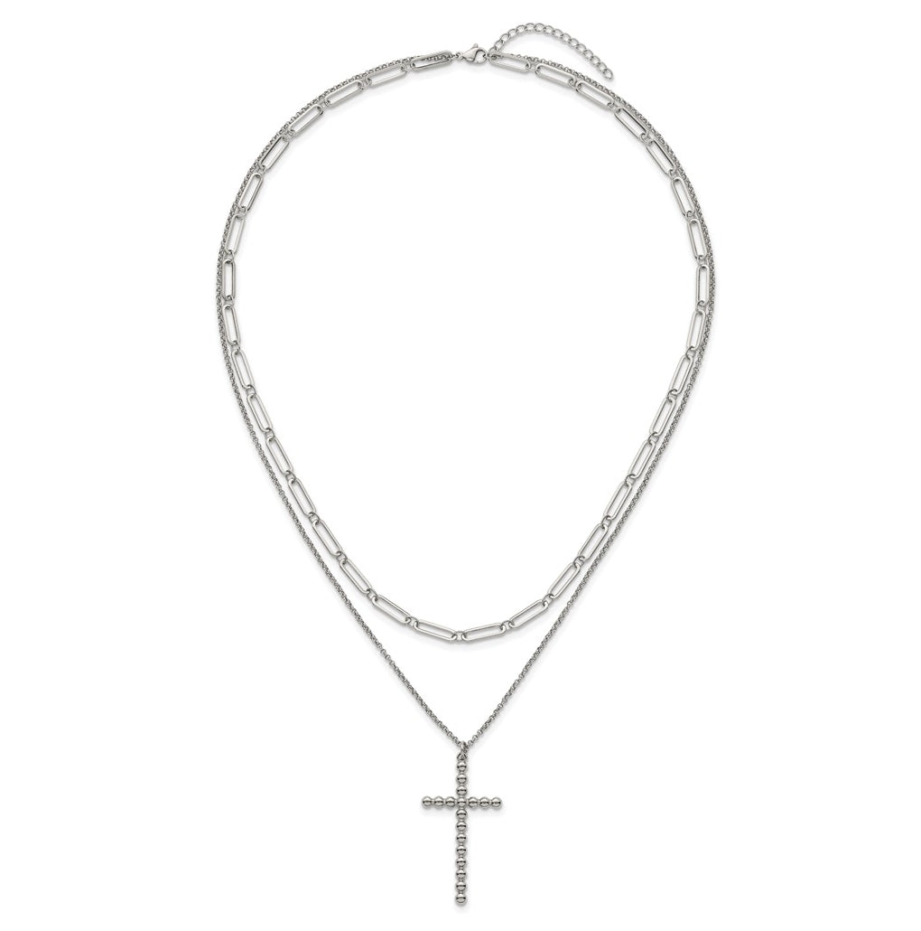 Stainless Steel Polished Beaded Cross 2-Strand 22in with 1.75in ext. Necklace – Elegant Jewelry Gift for Birthday, Anniversary, Engagement, Wedding