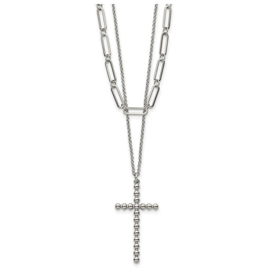 Stainless Steel Polished Beaded Cross 2-Strand 22in with 1.75in ext. Necklace – Elegant Jewelry Gift for Birthday, Anniversary, Engagement, Wedding