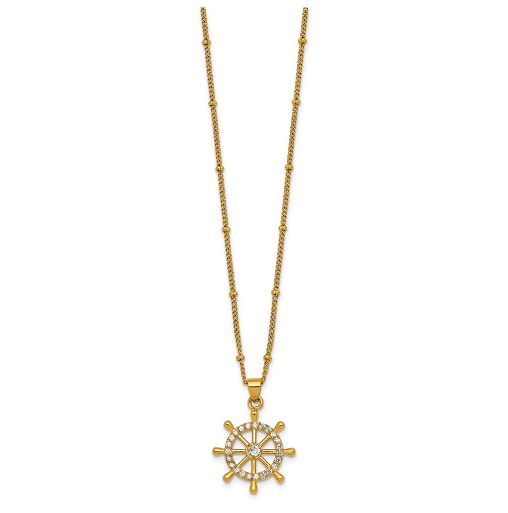 Stainless Steel Polished Yellow IP-plated Cubic Zirconia Ships Wheel 20in Necklace – Elegant Jewelry Gift for Birthday, Anniversary, Engagement, Wedding