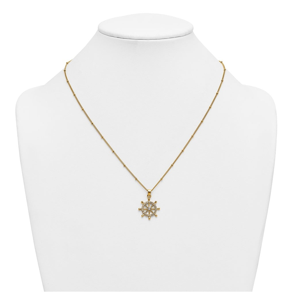 Stainless Steel Polished Yellow IP-plated Cubic Zirconia Ships Wheel 20in Necklace – Elegant Jewelry Gift for Birthday, Anniversary, Engagement, Wedding