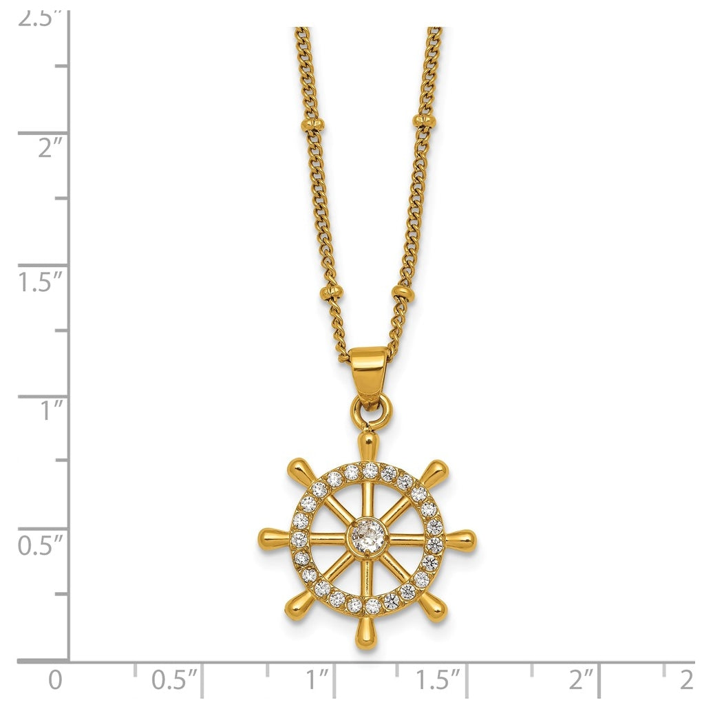Stainless Steel Polished Yellow IP-plated Cubic Zirconia Ships Wheel 20in Necklace – Elegant Jewelry Gift for Birthday, Anniversary, Engagement, Wedding