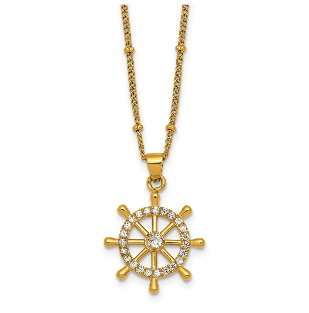 Stainless Steel Polished Yellow IP-plated Cubic Zirconia Ships Wheel 20in Necklace – Elegant Jewelry Gift for Birthday, Anniversary, Engagement, Wedding