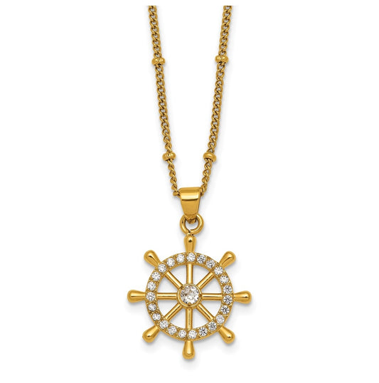 Stainless Steel Polished Yellow IP-plated Cubic Zirconia Ships Wheel 20in Necklace – Elegant Jewelry Gift for Birthday, Anniversary, Engagement, Wedding