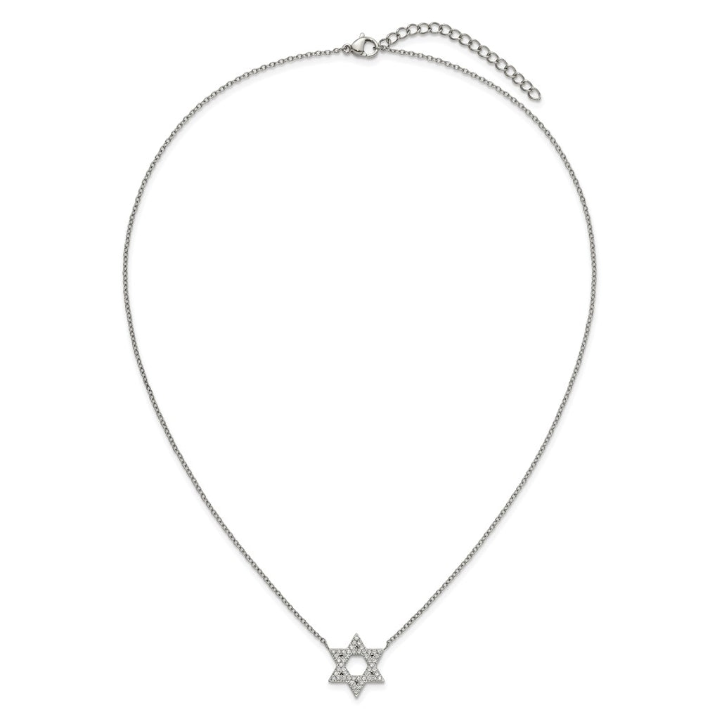 Stainless Steel Polished with Cubic Zirconia Star of David with 2in ext. 18in Necklace – Elegant Jewelry Gift for Birthday, Anniversary, Engagement, Wedding