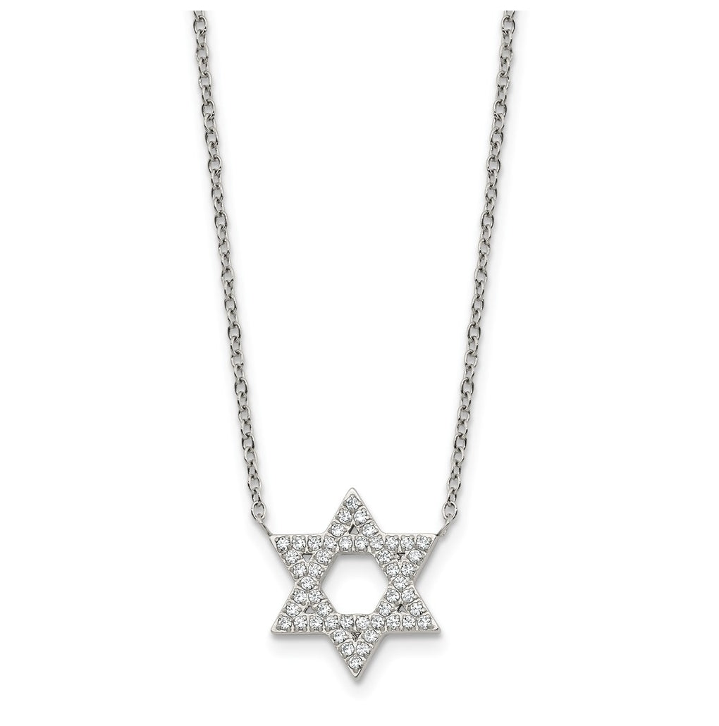 Stainless Steel Polished with Cubic Zirconia Star of David with 2in ext. 18in Necklace – Elegant Jewelry Gift for Birthday, Anniversary, Engagement, Wedding