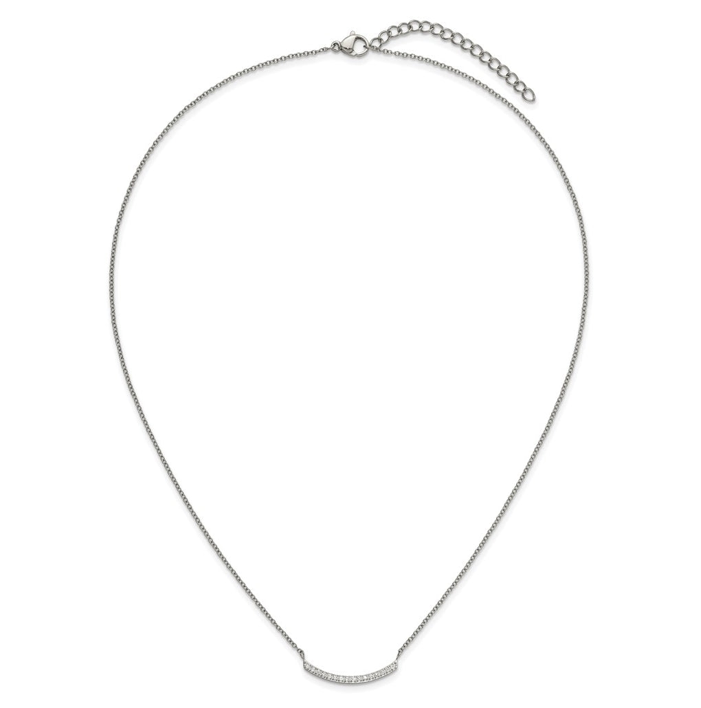 Stainless Steel Polished Cubic Zirconia Curved Bar 18in with 2in ext. Necklace – Elegant Jewelry Gift for Birthday, Anniversary, Engagement, Wedding