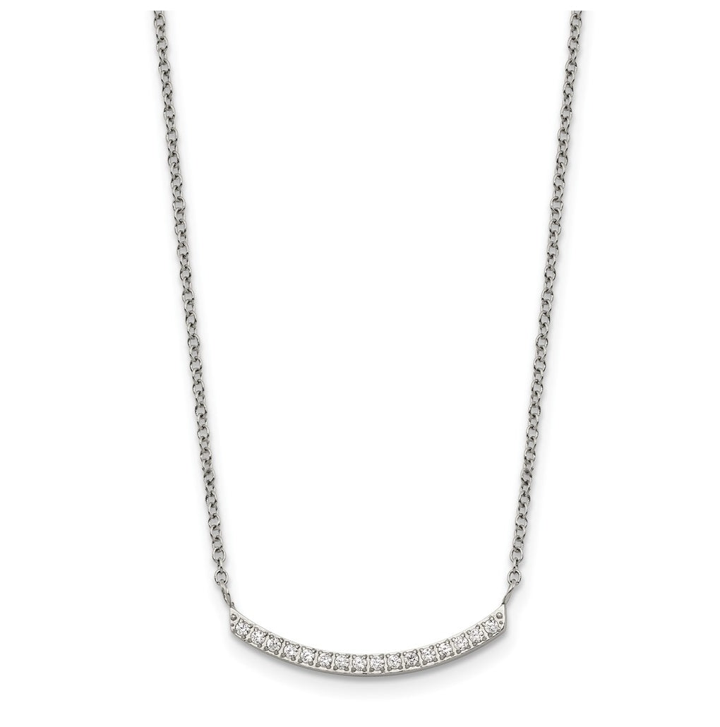 Stainless Steel Polished Cubic Zirconia Curved Bar 18in with 2in ext. Necklace – Elegant Jewelry Gift for Birthday, Anniversary, Engagement, Wedding