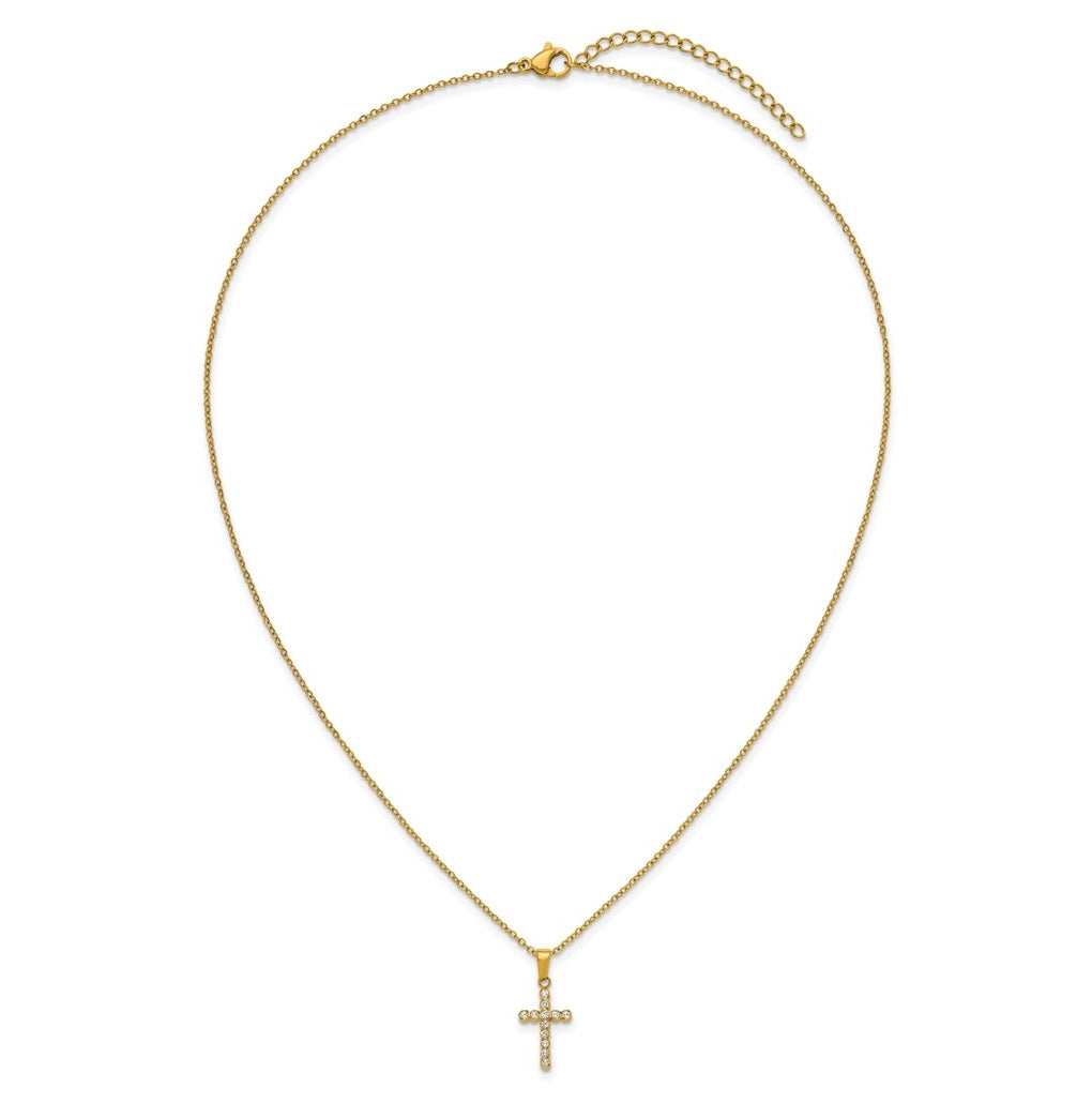 Stainless Steel Polished Yellow IP-plated Cubic Zirconia Cross 18in with 2in ext. Necklace – Elegant Jewelry Gift for Birthday, Anniversary, Engagement, Wedding