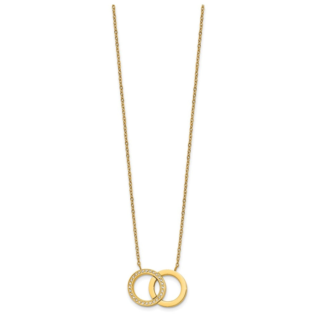 Stainless Steel Polished Yellow IP with Cubic Zirconia Double Rings 18in with 2in ext Necklace – Elegant Jewelry Gift for Birthday, Anniversary, Engagement, Wedding