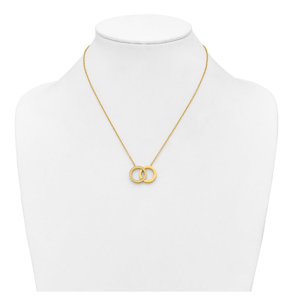 Stainless Steel Polished Yellow IP with Cubic Zirconia Double Rings 18in with 2in ext Necklace – Elegant Jewelry Gift for Birthday, Anniversary, Engagement, Wedding