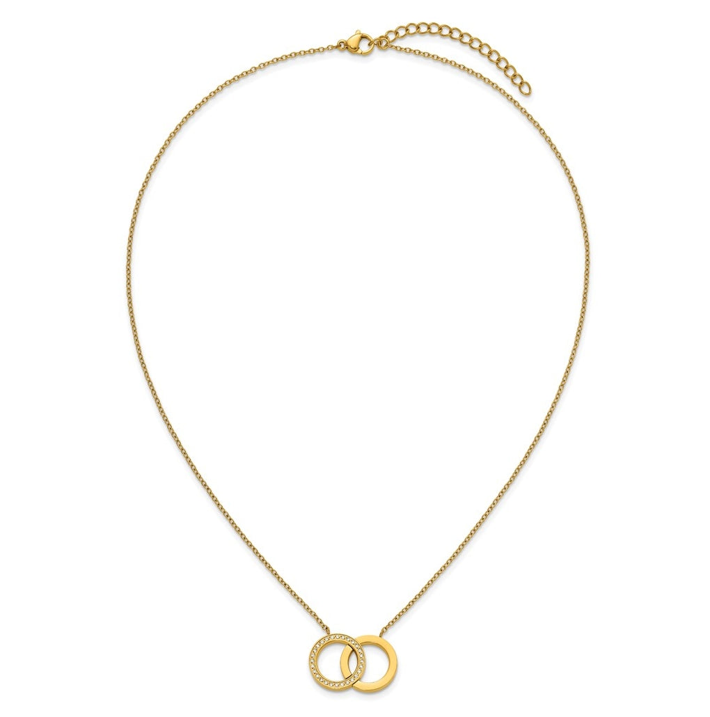 Stainless Steel Polished Yellow IP with Cubic Zirconia Double Rings 18in with 2in ext Necklace – Elegant Jewelry Gift for Birthday, Anniversary, Engagement, Wedding