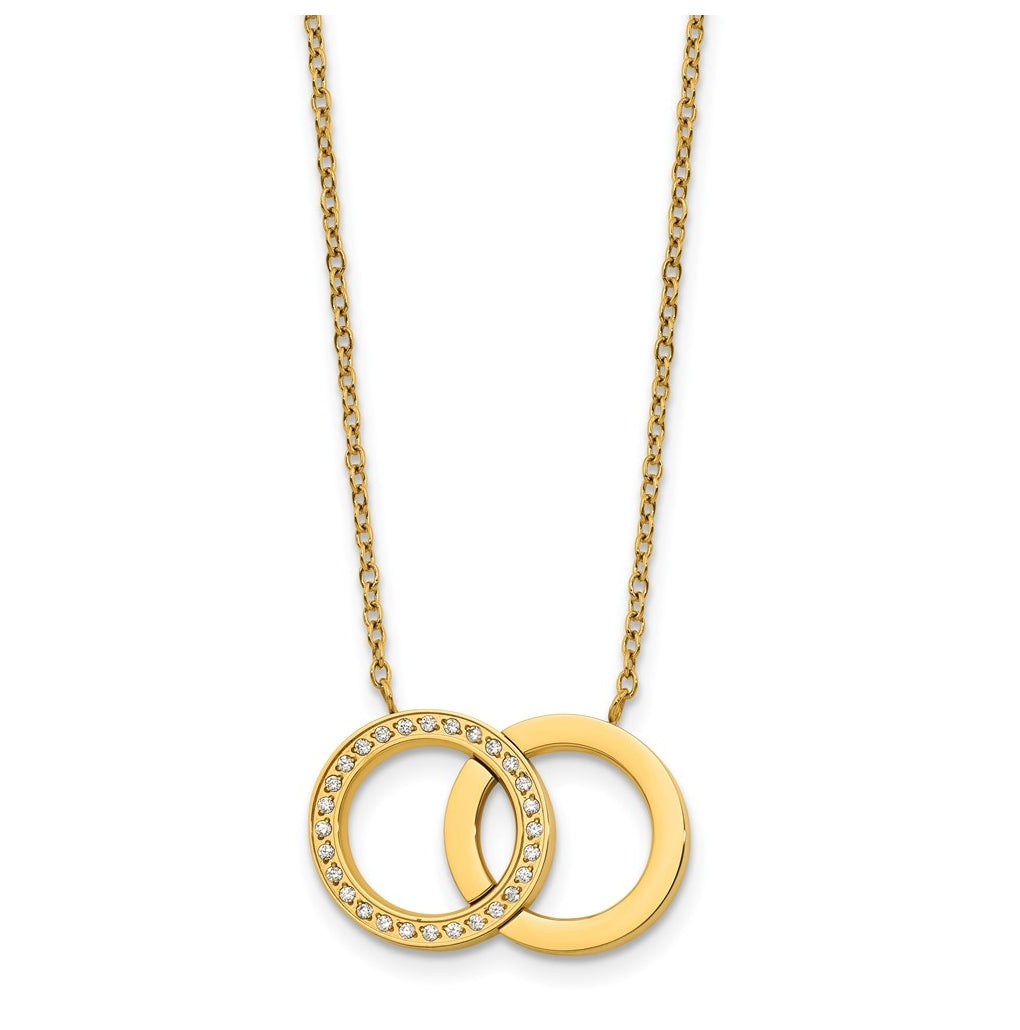 Stainless Steel Polished Yellow IP with Cubic Zirconia Double Rings 18in with 2in ext Necklace – Elegant Jewelry Gift for Birthday, Anniversary, Engagement, Wedding