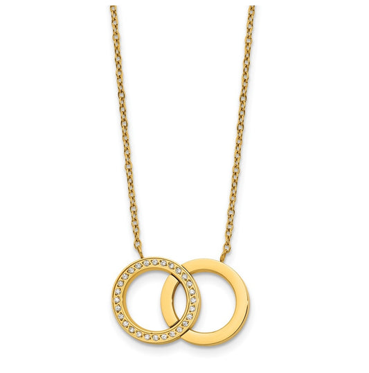 Stainless Steel Polished Yellow IP with Cubic Zirconia Double Rings 18in with 2in ext Necklace – Elegant Jewelry Gift for Birthday, Anniversary, Engagement, Wedding