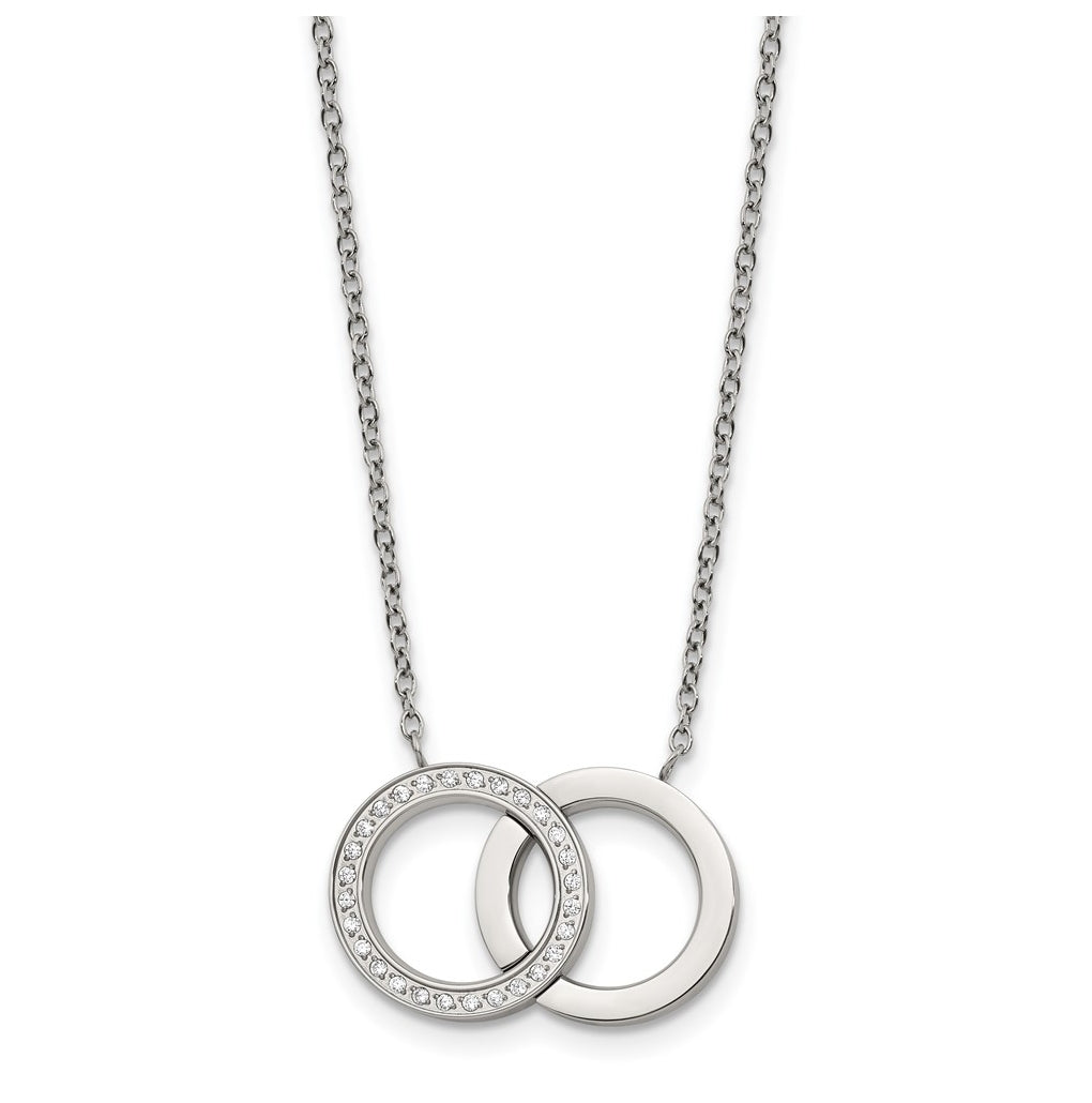 Stainless Steel Polished with Cubic Zirconia Double Rings 18in with 2in ext. Necklace – Elegant Jewelry Gift for Birthday, Anniversary, Engagement, Wedding