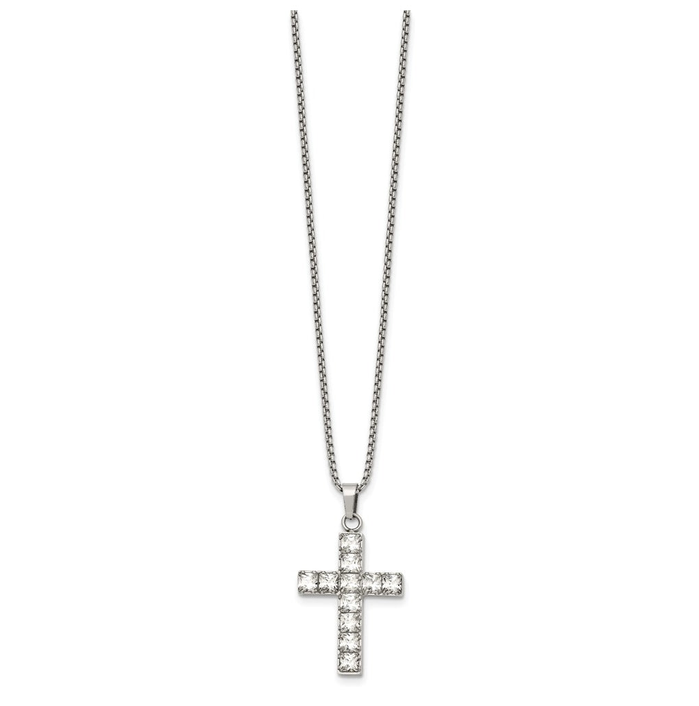 Stainless Steel Polished Cubic Zirconia Cross 18in with 2in ext. Necklace – Elegant Jewelry Gift for Birthday, Anniversary, Engagement, Wedding