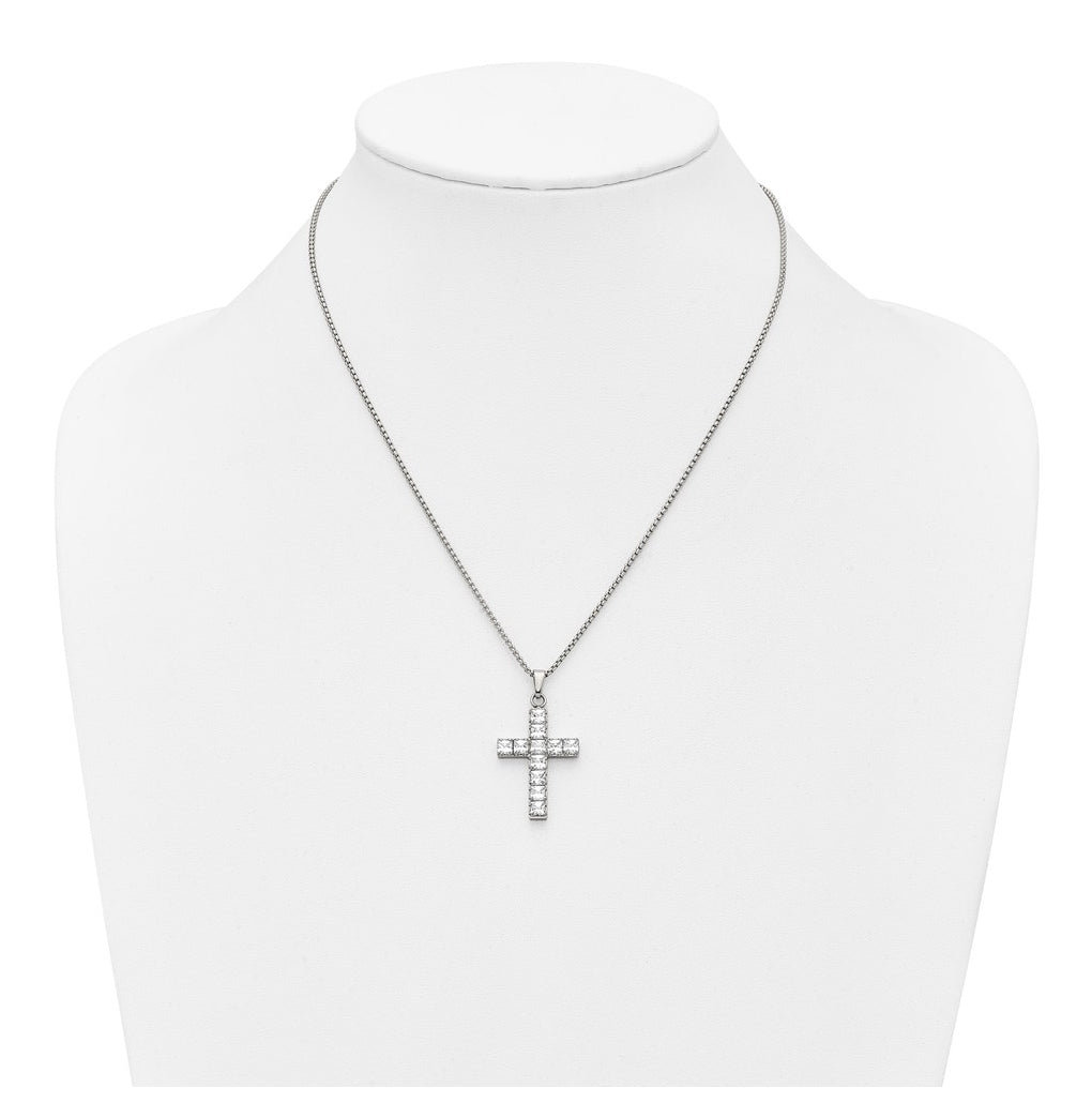 Stainless Steel Polished Cubic Zirconia Cross 18in with 2in ext. Necklace – Elegant Jewelry Gift for Birthday, Anniversary, Engagement, Wedding