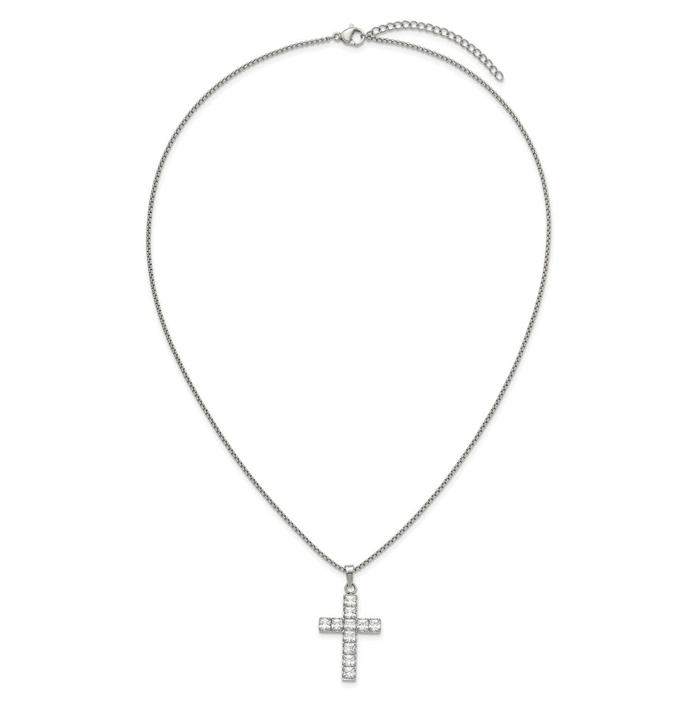 Stainless Steel Polished Cubic Zirconia Cross 18in with 2in ext. Necklace – Elegant Jewelry Gift for Birthday, Anniversary, Engagement, Wedding