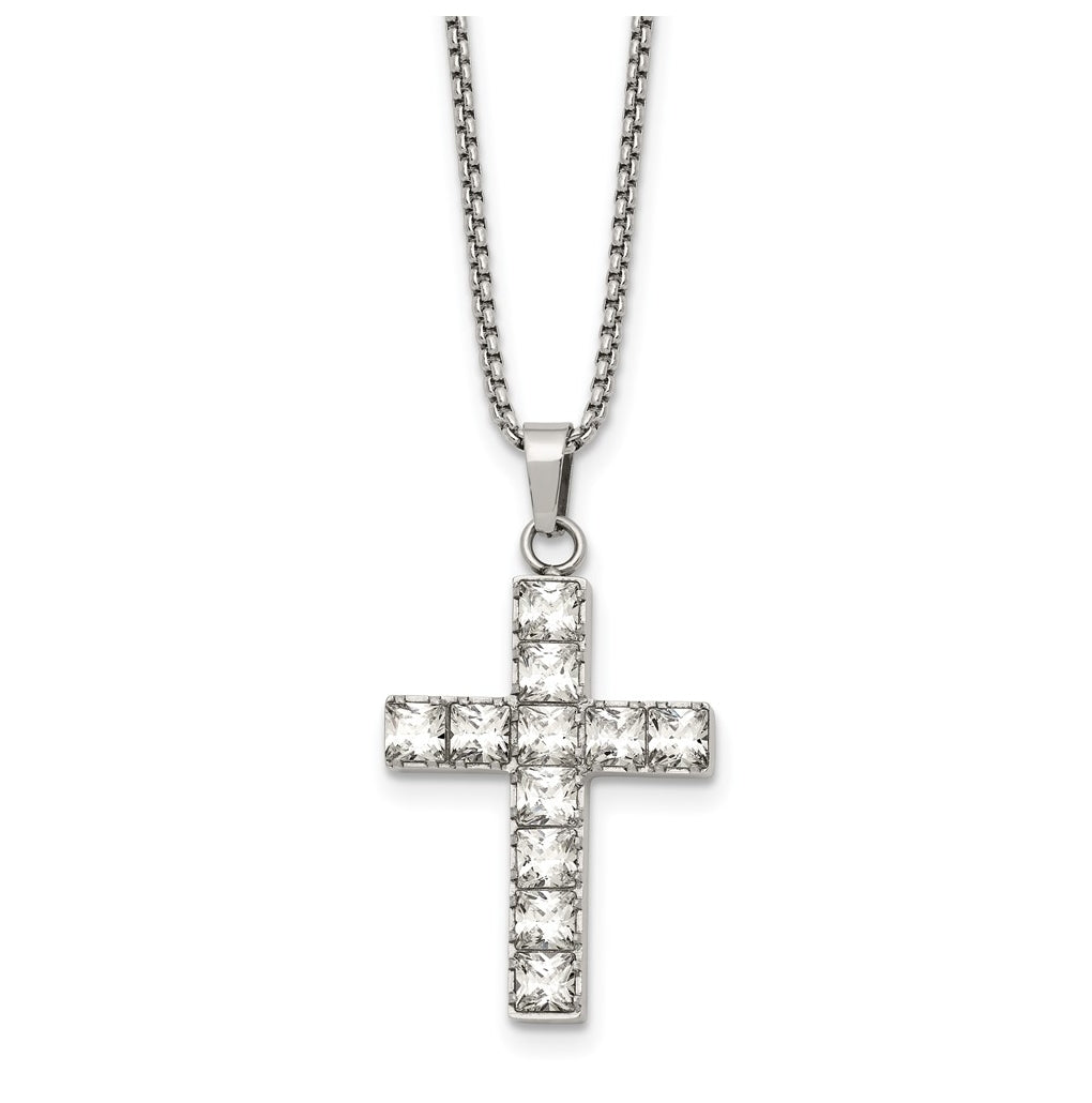 Stainless Steel Polished Cubic Zirconia Cross 18in with 2in ext. Necklace – Elegant Jewelry Gift for Birthday, Anniversary, Engagement, Wedding