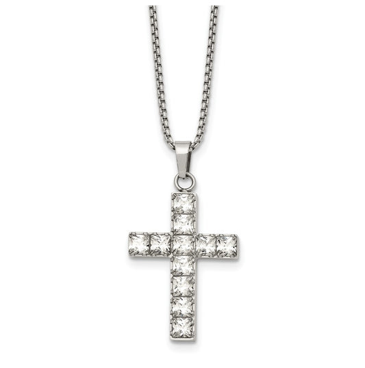 Stainless Steel Polished Cubic Zirconia Cross 18in with 2in ext. Necklace – Elegant Jewelry Gift for Birthday, Anniversary, Engagement, Wedding