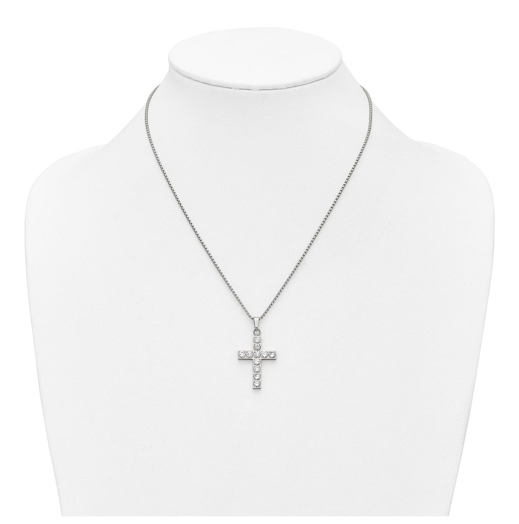 Stainless Steel Polished Cubic Zirconia Cross 18in with 2in ext. Necklace – Elegant Jewelry Gift for Birthday, Anniversary, Engagement, Wedding