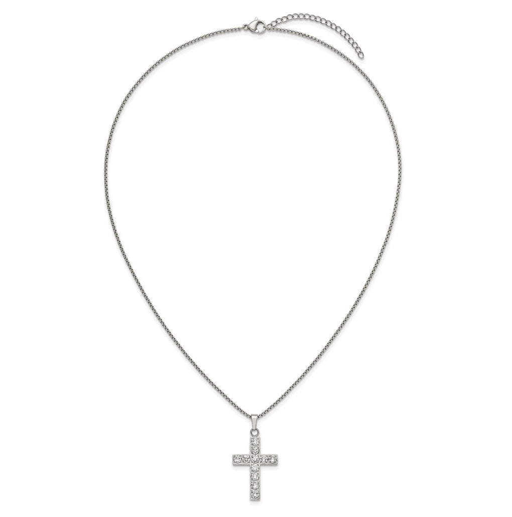 Stainless Steel Polished Cubic Zirconia Cross 18in with 2in ext. Necklace – Elegant Jewelry Gift for Birthday, Anniversary, Engagement, Wedding