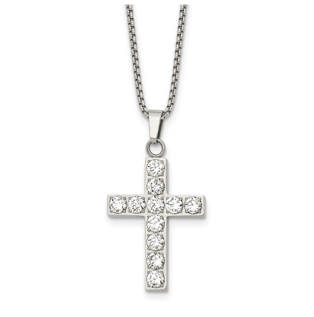 Stainless Steel Polished Cubic Zirconia Cross 18in with 2in ext. Necklace – Elegant Jewelry Gift for Birthday, Anniversary, Engagement, Wedding